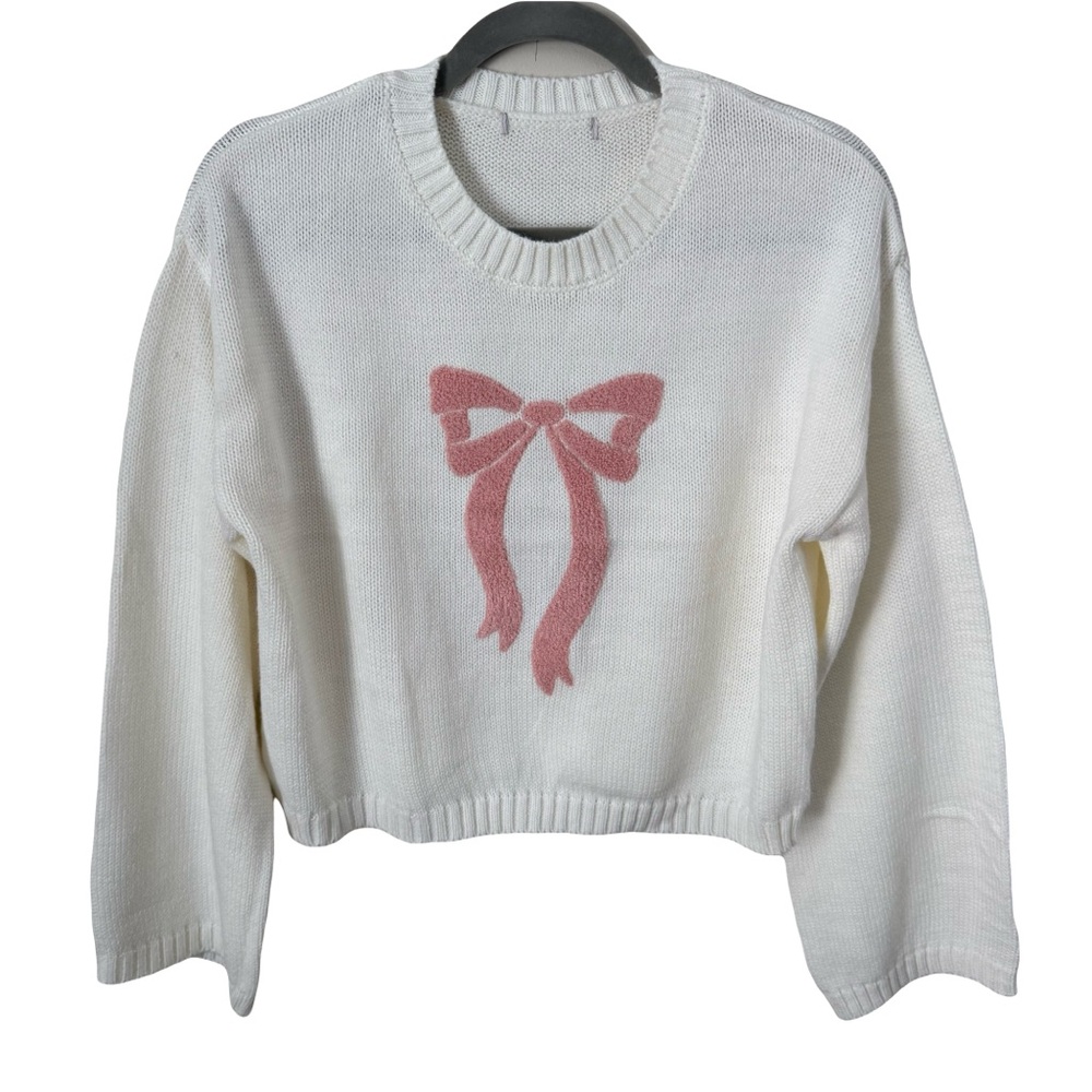 Pink Bow White Knit Sweater Soft Girl Coquette Cottage Pullover Small Feminine